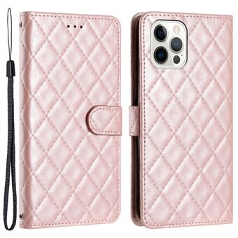 For iPhone 14 Pro Max Wallet Phone Case TPU+PU Leather Shell Flip Stand Stitching Line Rhombus Texture Phone Cover