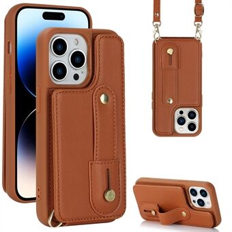 For iPhone 14 Pro Max Wristband Kickstand Phone Case Leather+TPU Cover with Card Holder