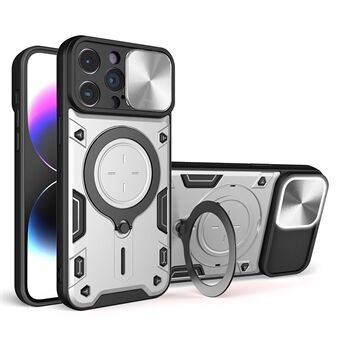 For iPhone 14 Pro Max Slide Camera Lid Phone Case Free Rotating Kickstand PC + TPU Back Cover