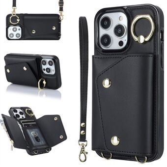 For iPhone 14 Pro Max Zipper Wallet PU Leather Coated TPU Phone Case Ring Kickstand Smartphone Cover