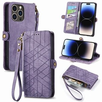 PU Leather Zipper Pocket Case for iPhone 14 Pro Max , Wallet Stand Geometry Imprinted Phone Cover