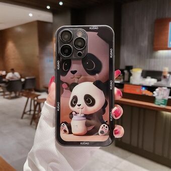 For iPhone 14 Pro Max Panda Pattern Phone Cover Tempered Glass Back TPU Frame Case with Lens Protector