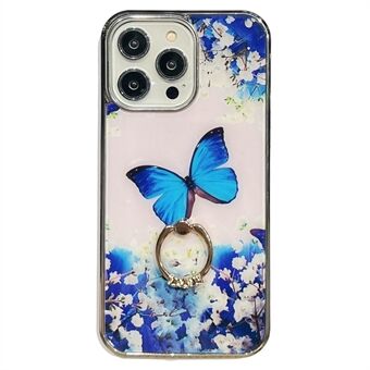 For iPhone 14 Pro Max Ring Kickstand Phone Case IMD Flower Pattern Electroplating PC+TPU Cover