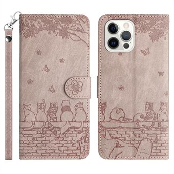 For iPhone 14 Pro Max PU Leather Stand Phone Case Wall Cats Imprinted Wallet Phone Cover with Strap