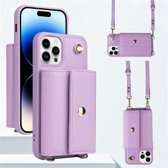 For iPhone 14 Pro Max Anti-drop Case Magnetic Button Card Bag PU Leather+TPU Phone Cover with Shoulder Strap