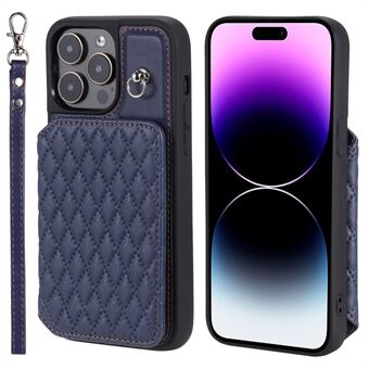 Style 008 Phone Cover for iPhone 14 Pro Max , PU Leather+TPU RFID Blocking Card Holder Kickstand Shell with Wrist Strap