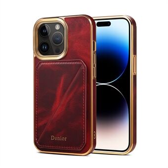 DENIOR For iPhone 14 Pro Max Phone Kickstand Case Card Holder Electroplating Waxy Genuine Cow Leather Coated TPU+PC Cover