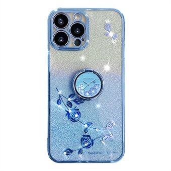 For iPhone 14 Pro Max Glitter Flower Pattern Cellphone Case with Ring Kickstand TPU Anti-collision Cover