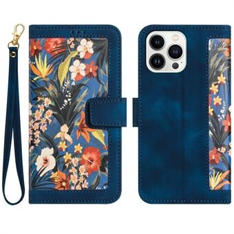 Phone Leather Case for iPhone 14 Pro Max , Card Holder Stand Flower Pattern Printing Phone Cover