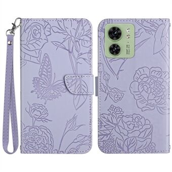 HT03 For Motorola Edge 40 5G Wallet Stand Leather Phone Case Imprint Flower Cover with Wrist Strap