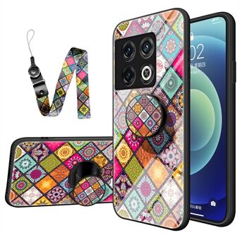 For OnePlus 10 Pro 5G Flower Pattern Design Hard Tempered Glass + PC Back + Soft TPU Frame Shockproof Anti-Scratch Case with Lanyard, Kickstand Supported Magnetic Car Mount