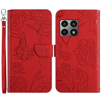 For OnePlus 10 Pro Butterfly Flowers Imprinting PU Leather Wallet Phone Case Splash-Proof Leather Stand Case Accessory with Handy Strap