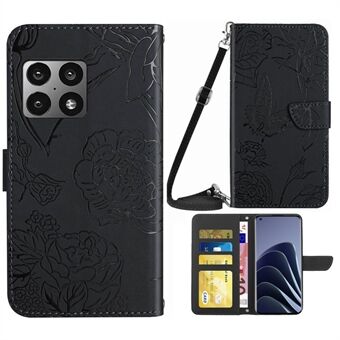 For OnePlus 10 Pro Butterfly Flower Pattern Imprinted PU Leather Flip Protective Cover Shoulder Strap Stand Folio Wallet Case