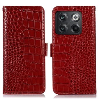 For OnePlus 10T 5G / Ace Pro 5G Anti-fall Crocodile Texture Case RFID Blocking Genuine Cowhide Leather Well-protected Wallet Phone Cover