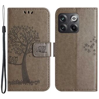 For OnePlus 10T 5G / Ace Pro 5G Drop-proof PU Leather Phone Case Imprinted Owl Tree Pattern Wallet Stand Protective Shell with Wrist Strap