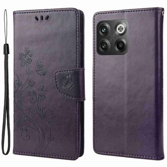 For OnePlus 10T 5G / Ace Pro 5G Wallet Stand PU Leather Imprinting Flower Butterflies Case Full Protection Inner TPU Phone Cover with Strap