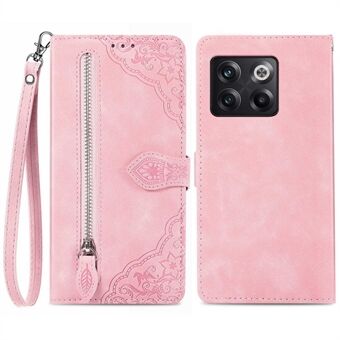 For OnePlus 10T 5G / Ace Pro 5G PU Leather Zipper Handbag Wallet Purse Flip Cover Flower Imprinted PU Leather Stand Phone Case with Strap