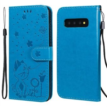 PU Leather Cat and Bee Pattern Imprinting Stylish and Well-protected Leather Case with Strap for Samsung Galaxy S10 4G