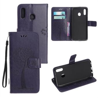 Imprint Tree+Owl Leather Wallet Phone Case for Samsung Galaxy A20e