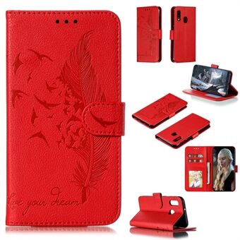 Litchi Texture Imprint Feather Leather Phone Case with Wallet Stand for Samsung Galaxy A20e