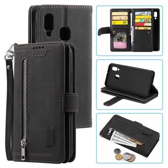 Zipper Pocket 9 Card Slots Leather Wallet Case for Samsung Galaxy A20e - Black