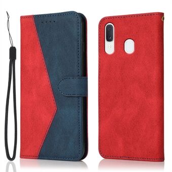 Bi-color Splicing PU Leather Wallet Stand Phone Case Protector with Strap for Samsung Galaxy A20e