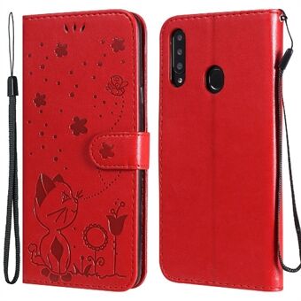 Cat and Bee Pattern Imprinting Leather Wallet Stand Phone Cover Case with Strap for Samsung Galaxy A20s