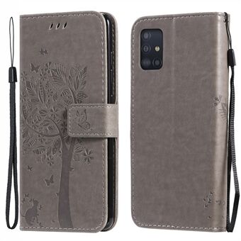 Adjustable Stand Design Drop-Resistant Cat and Tree Imprinting Leather Cover + TPU Inner Phone Wallet Case for Samsung Galaxy A51 4G SM-A515