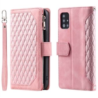 005 Style for Samsung Galaxy A51 4G SM-A515 Zipper Pocket Anti-scratch Phone Case Rhombus Texture PU Leather Stand Wallet Cover with Wrist Strap