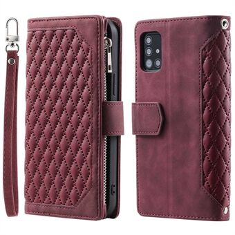 005 Style Rhombus Texture Phone Case for Samsung Galaxy A71 4G SM-A715, Zipper Pocket Leather Stand Wallet Cover with Wrist Strap