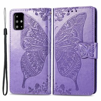 For Samsung Galaxy A71 4G SM-A715 Stand Wallet Phone Case PU Leather Imprinted Butterfly Pattern Magnetic Clasp Cover with Strap