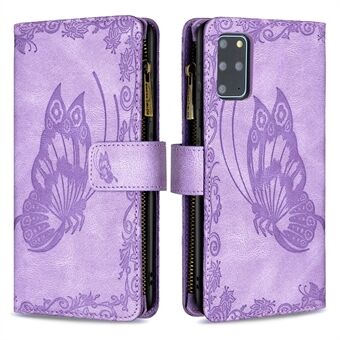 Zipper Pocket Design Imprinted Butterfly Pattern Wallet Stand Leather Phone Case Shell for Samsung Galaxy S20 Plus