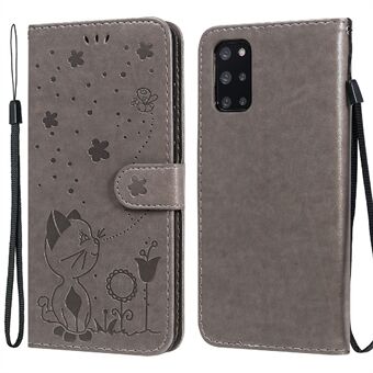 Cat and Bee Pattern Imprinted Protective Cover Stand Wallet Leather Case for Samsung Galaxy S20 Plus 4G/5G