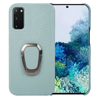 For Samsung Galaxy S20 4G / 5G Ring Kickstand Back Case Litchi Texture Genuine Leather Coated PC Phone Shockproof Cover