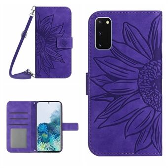 Protective Phone Case For Samsung Galaxy S20 5G / 4G, HT04 Skin-touch Imprinted Sunflower Phone Cover PU Leather Wallet Stand with Shoulder Strap