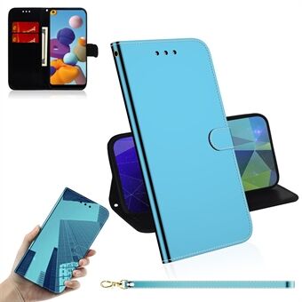 Mirror-like Surface Flip Leather Wallet Stand Protective Case for Samsung Galaxy A21