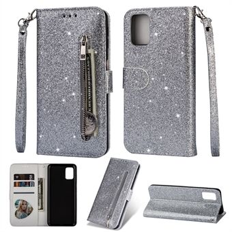 Glitter Powder Zippered Stand Leather Wallet Case with Strap for Samsung Galaxy A41 (Global Version)