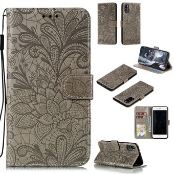 Imprinted Lace Flower Skin Leather with Wallet Stand Case for Samsung Galaxy A41 (Global Version)