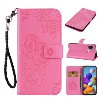 Imprint Owl Flower Pattern Leather Wallet Shell for Samsung Galaxy A21s