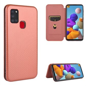 Carbon Fiber Card Slot Auto-absorbed Leather Cover for Samsung Galaxy A21s