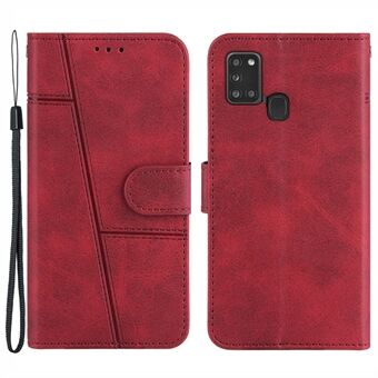 Wallet with Stand Design Concise Splicing Leather Mobile Phone Cover Shell with Strap for Samsung Galaxy A21s (EU Version)