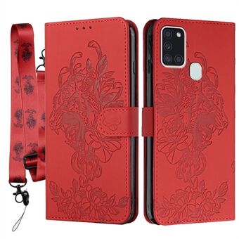 Anti-drop Tiger and Flower Imprint Pattern Leather Wallet Phone Shell for Samsung Galaxy A21s