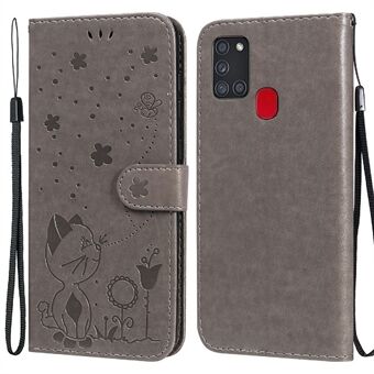 Anti-Shock Cat and Bee Pattern Imprinting Leather Wallet Stand Case with Convenient Handy Strap for Samsung Galaxy A21s