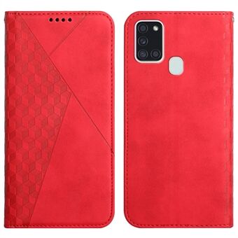 Rhombus Pattern Auto-absorbed Skin-touch Leather Phone Protective Cover Shell with Wallet Stand for Samsung Galaxy A21s (Global Version)