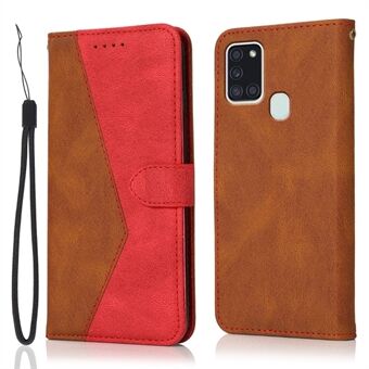 Dual Color Contrast PU Leather Phone Stand Case Wallet Shell with Strap for Samsung Galaxy A21s (Global Version)