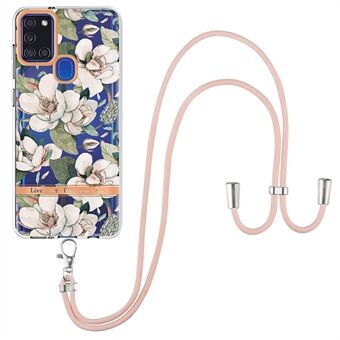 YB IMD Series Flower Patterns TPU Phone Case for Samsung Galaxy A21s, Lanyard Electroplated IML Phone Protective Cover