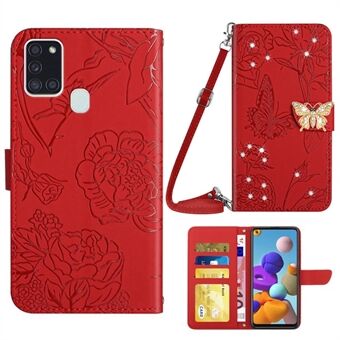 Skin-touch Leather Case for Samsung Galaxy A21s, Butterfly Flowers Imprinted Wallet Stand Rhinestone Decor Phone Cover with Shoulder Strap