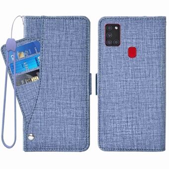 Phone Flip Wallet Case For Samsung Galaxy A21s, Jean Cloth Texture PU Leather Stand Cover with Rotating Card Slots