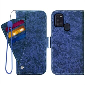 For Samsung Galaxy A21s PU Leather Flip Phone Case Water-ink Painting Texture Rotating Card Slots Holder Horizontal Stand Wallet Cover with Strap