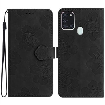 For Samsung Galaxy A21s Flowers Imprint Leather Wallet Case Folding Stand Phone Cover